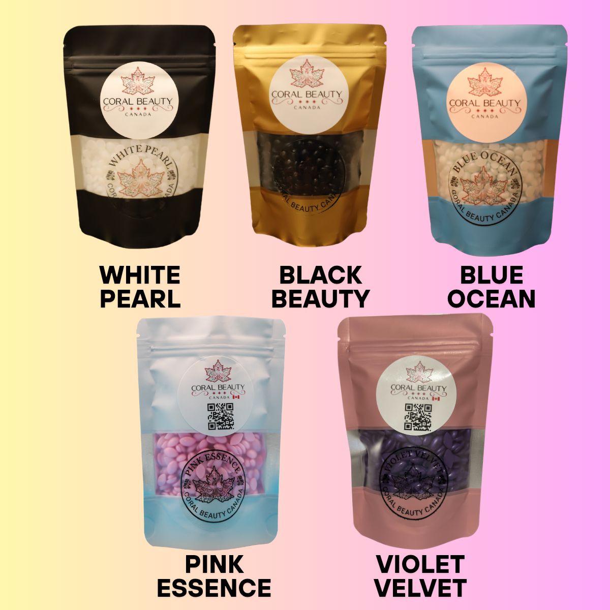 Combination of 5 (Five) hard wax samples: BLACK, WHITE, BLUE, PINK, VIOLET (each: 3.5oz / 100g)