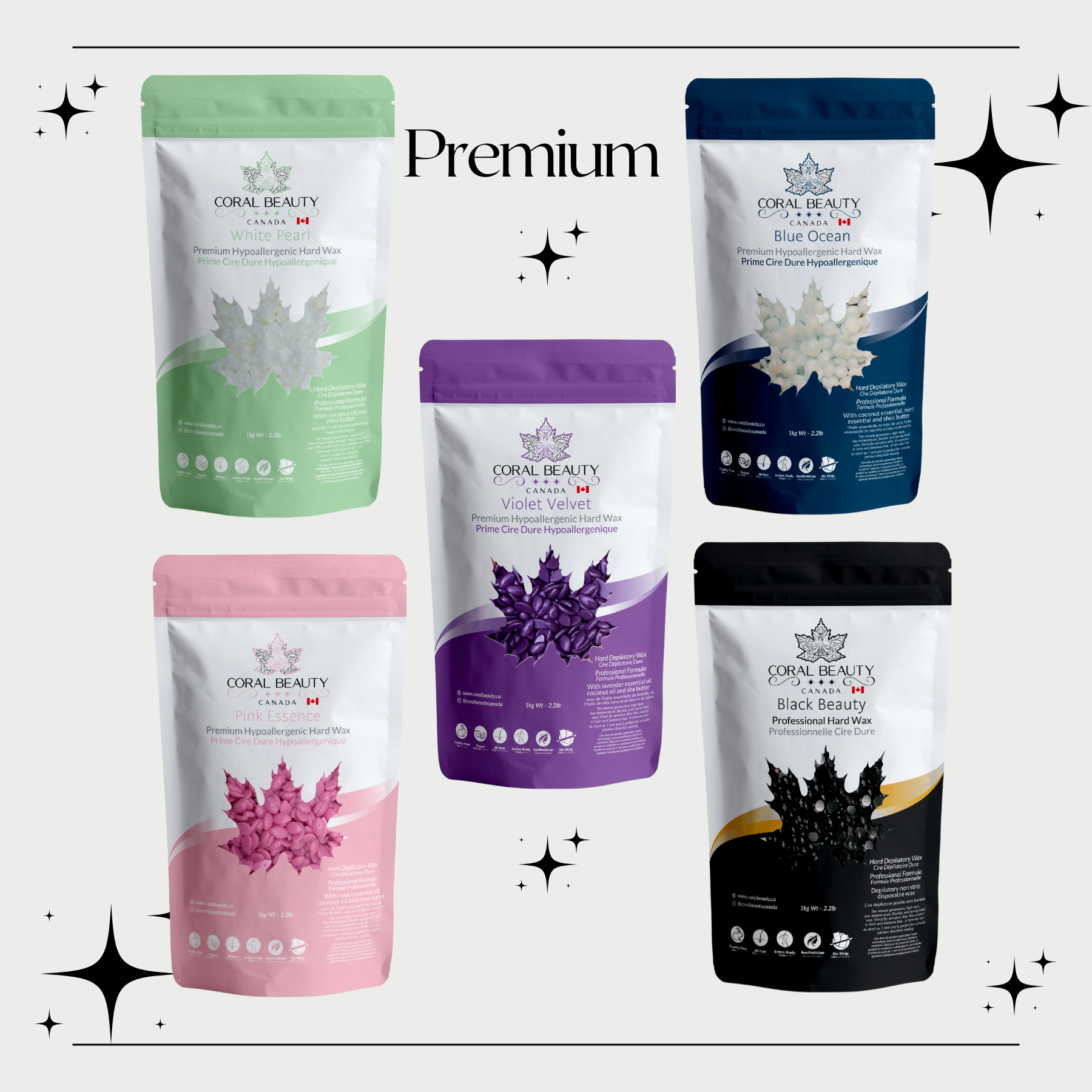 Black Beauty, White Pearl, Pink Essence, Violet Velvet, Blue Ocean, Plumeria, Mae Mae, Kai, Black Coral Wax, Bushbalm, Italwax, smoothsexy