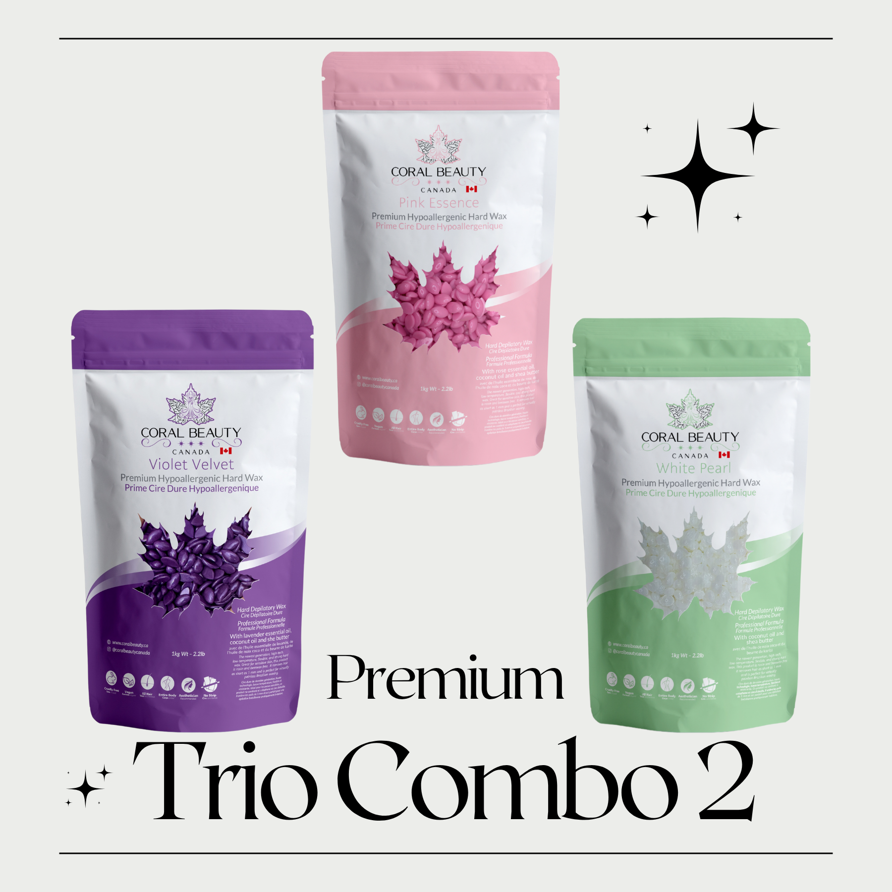 Three bags of Coral Beauty premium products on a white background with 'Premium Trio Combo 2' text.